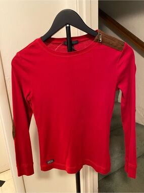Ralph Lauren Red Long-Sleeve Crewneck Tee w/Shoulder/Elbow Accents sz small